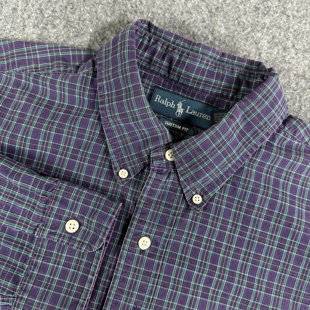 Ralph Lauren Mens XL Custom Fit Plaid Button Down Shirt Purple Green‎ Cotton